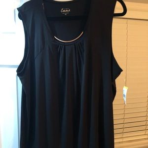 Women’s black dress tank with gold neck.